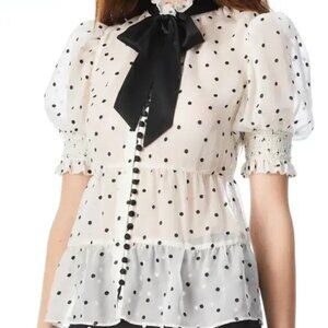 Alice + Olivia Vicky white and black polka dot short sleeve blouse, size M, NWT